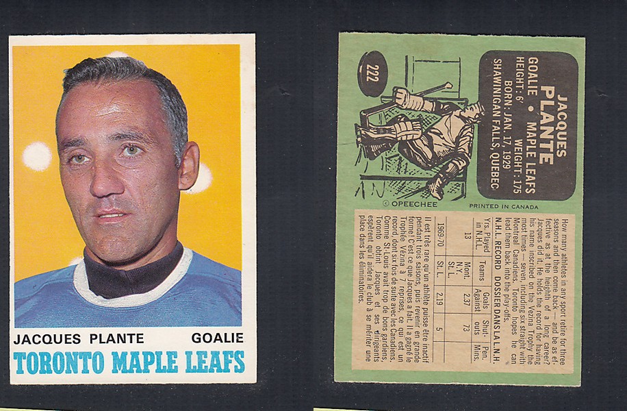 1970-71 O-PEE-CHEE HOCKEY CARD  #222 J. PLANTE photo