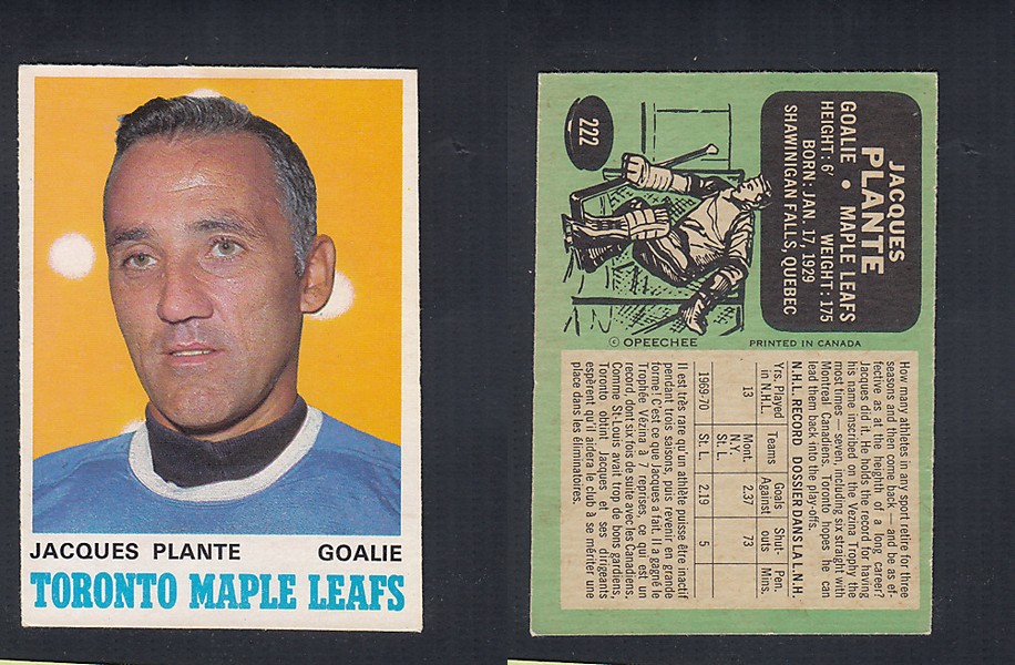 1970-71 O-PEE-CHEE HOCKEY CARD  #222 J. PLANTE photo