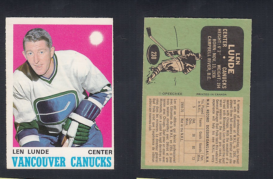 1970-71 O-PEE-CHEE HOCKEY CARD  #230 L. LUNDE photo