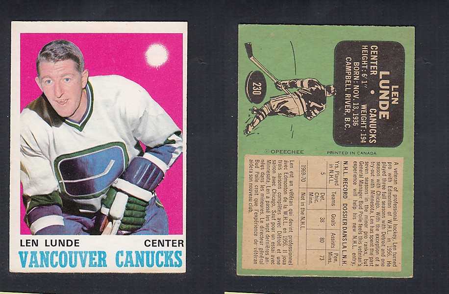 1970-71 O-PEE-CHEE HOCKEY CARD  #230 L. LUNDE photo