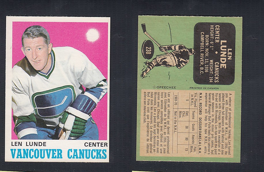 1970-71 O-PEE-CHEE HOCKEY CARD  #230 L. LUNDE photo