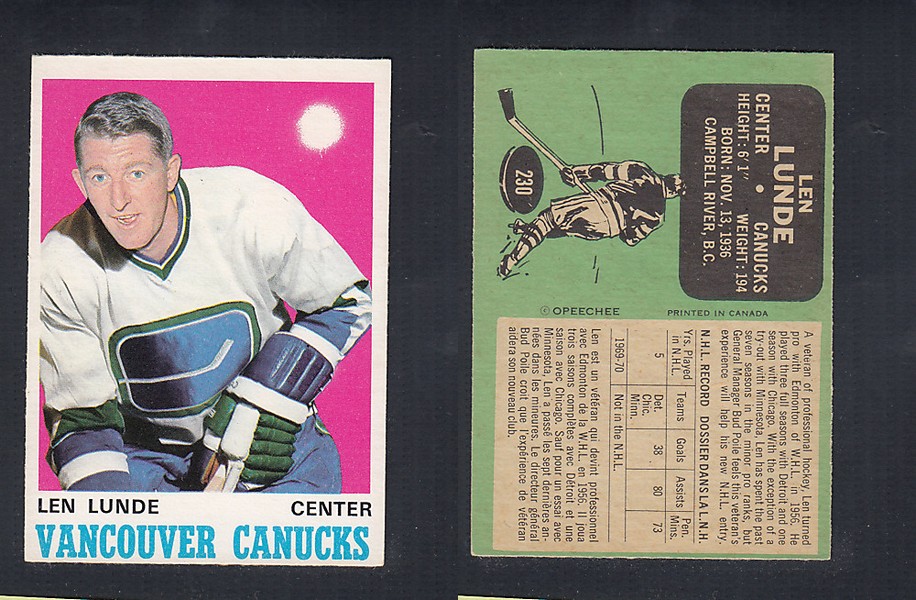 1970-71 O-PEE-CHEE HOCKEY CARD  #230 L. LUNDE photo