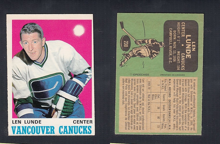 1970-71 O-PEE-CHEE HOCKEY CARD  #230 L. LUNDE photo