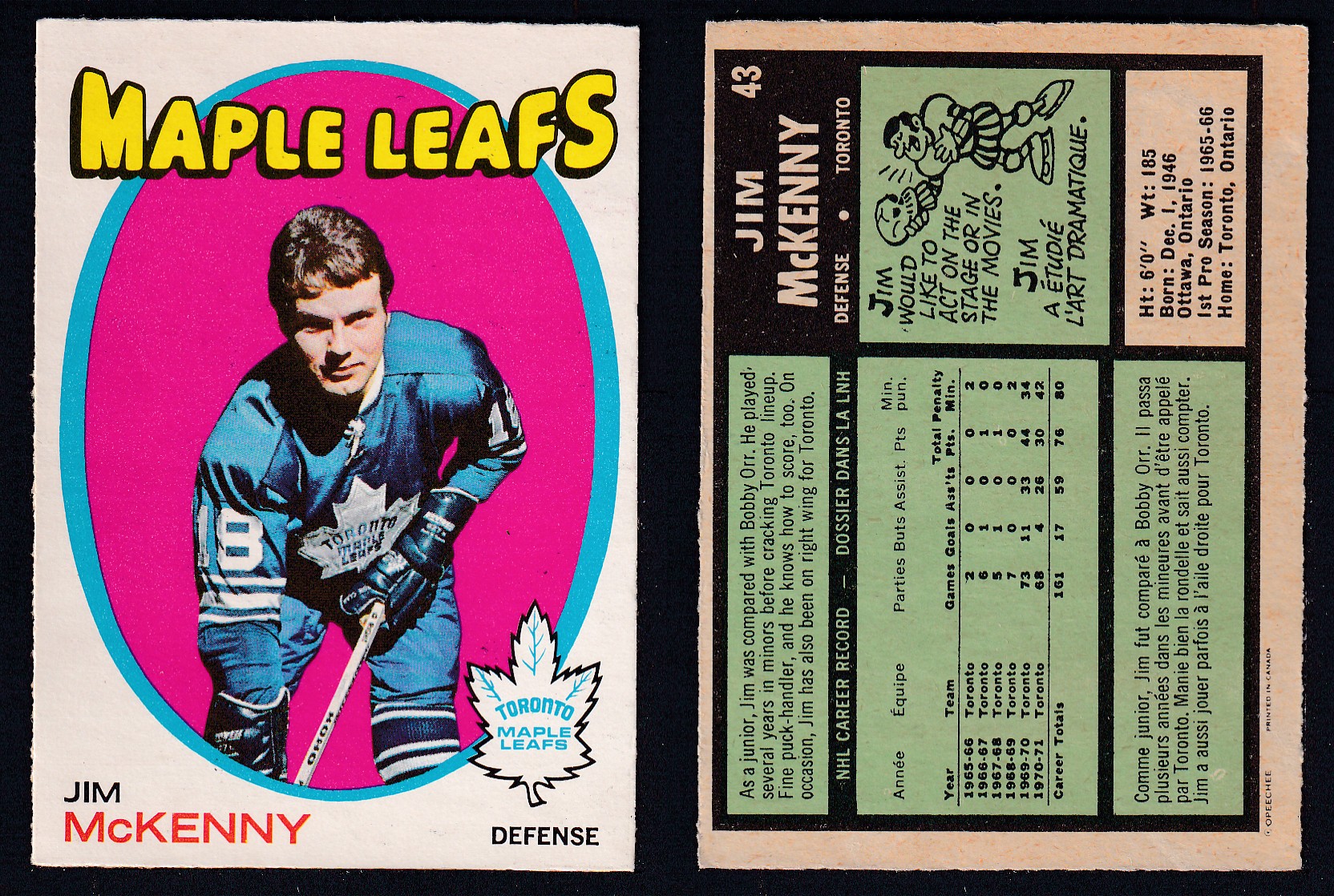 1971-72 O-PEE-CHEE HOCKEY CARD #43 J. McKENNY photo