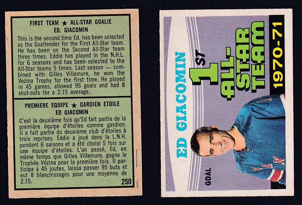 1971-72 O-PEE-CHEE HOCKEY CARD #250 FIRST TEAM ALL STAR: E. GIACOMIN photo