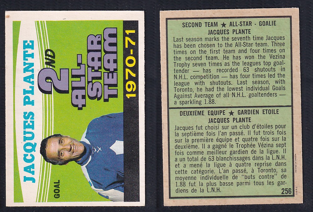 1971-72 O-PEE-CHEE HOCKEY CARD #256 SECOND TEAM ALL STAR: J. PLANTE photo