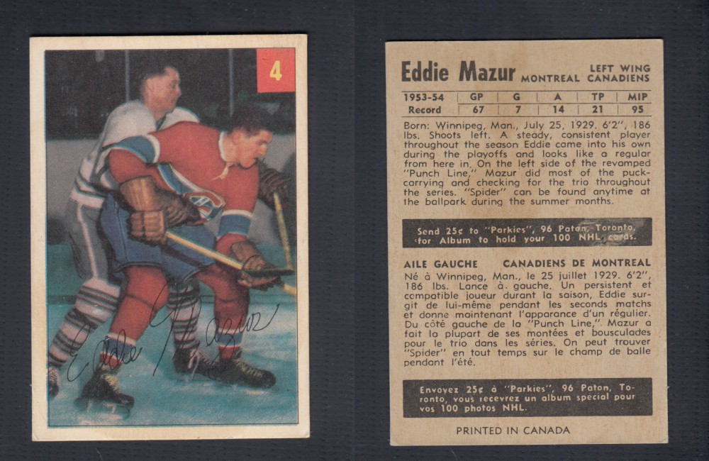 1954-55 PARKHURST HOCKEY CARD #4 E. MAZUR photo