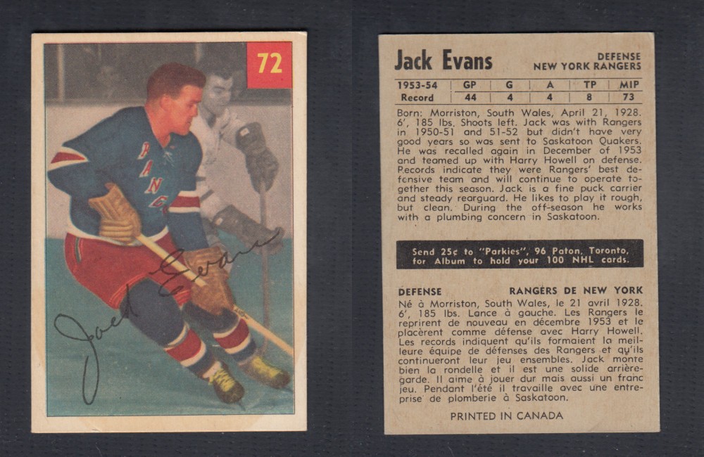 1954-55 PARKHURST HOCKEY CARD #72 J. EVANS photo