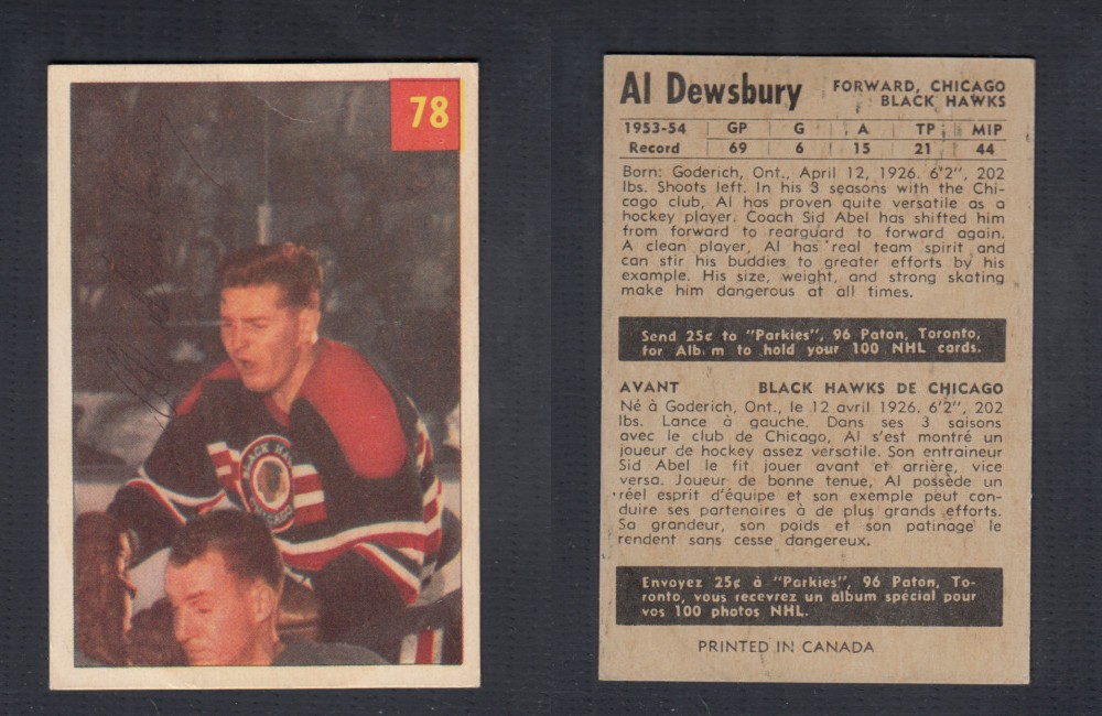 1954-55 PARKHURST HOCKEY CARD #78 A. DEWSBURY photo