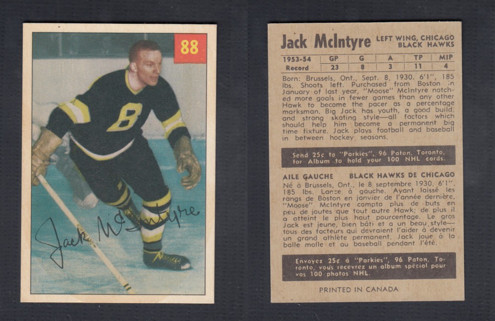 1954-55 PARKHURST HOCKEY CARD #88 J. MCINTYRE photo