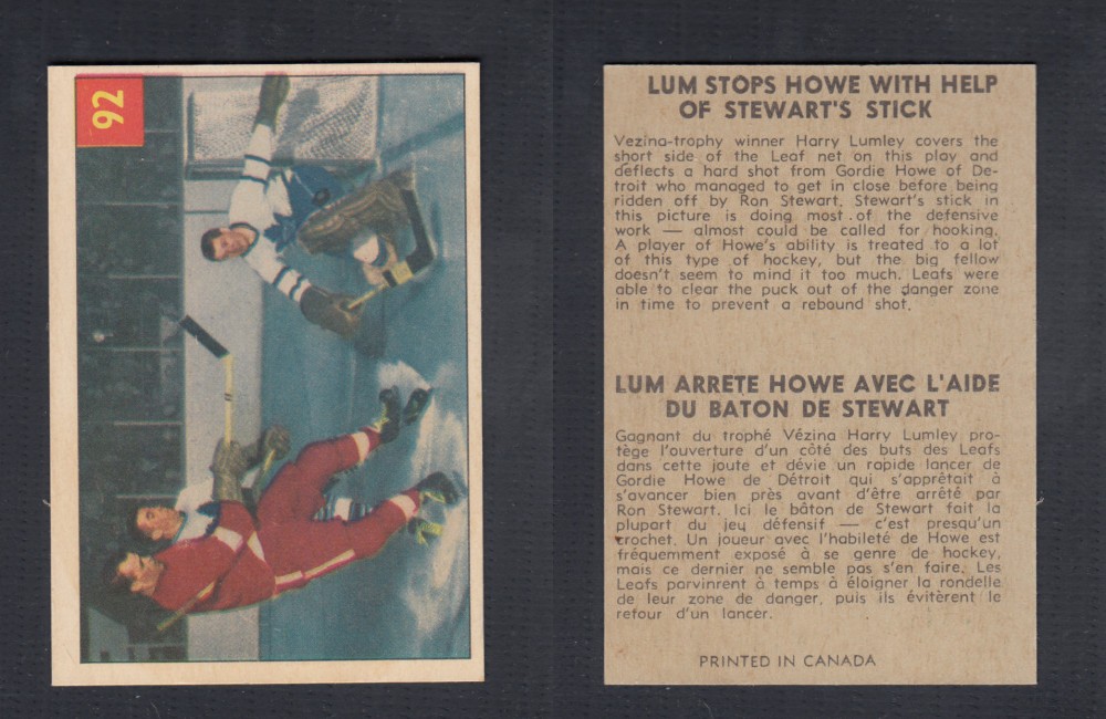 1954-55 PARKHURST HOCKEY CARD #92 LUM STOPS HOWE WITH STEWARTS STICK photo