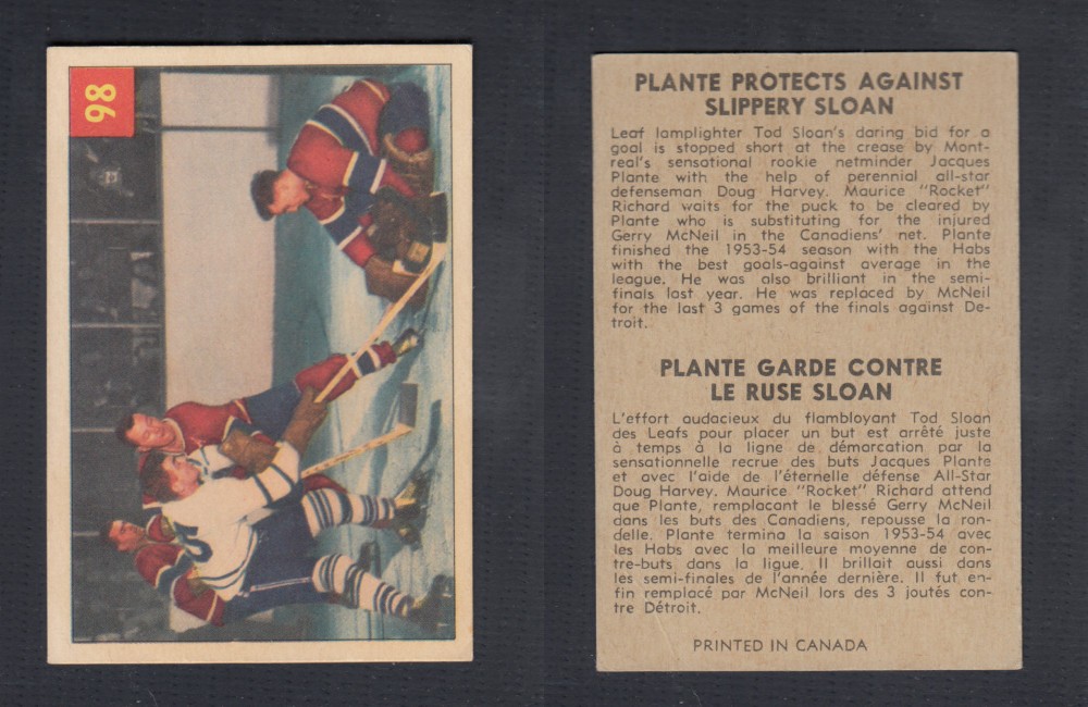 1954-55 PARKHURST HOCKEY CARD #98 PLANTE PROTECTS AGAINST SLIPPERY SLOAN photo