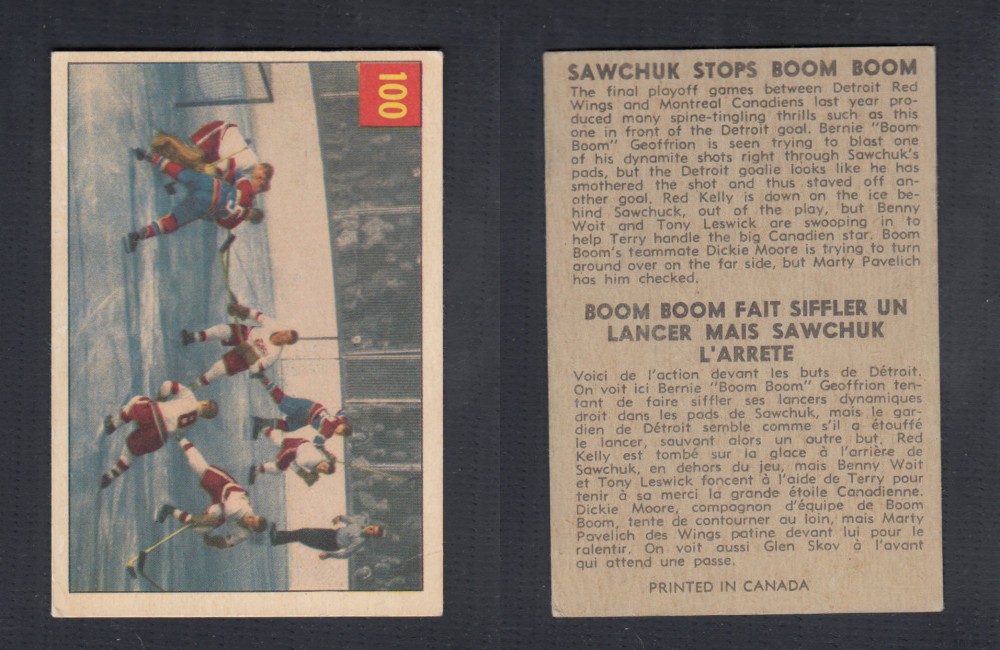 1954-55 PARKHURST HOCKEY CARD #100 SAWCHUK STOPS BOOM BOOM photo