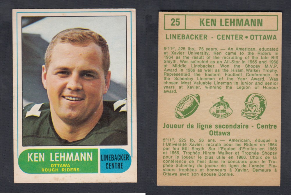 1968 CFL O-PEE-CHEE FOOTBALL CARD #25 K. LEHMANN photo