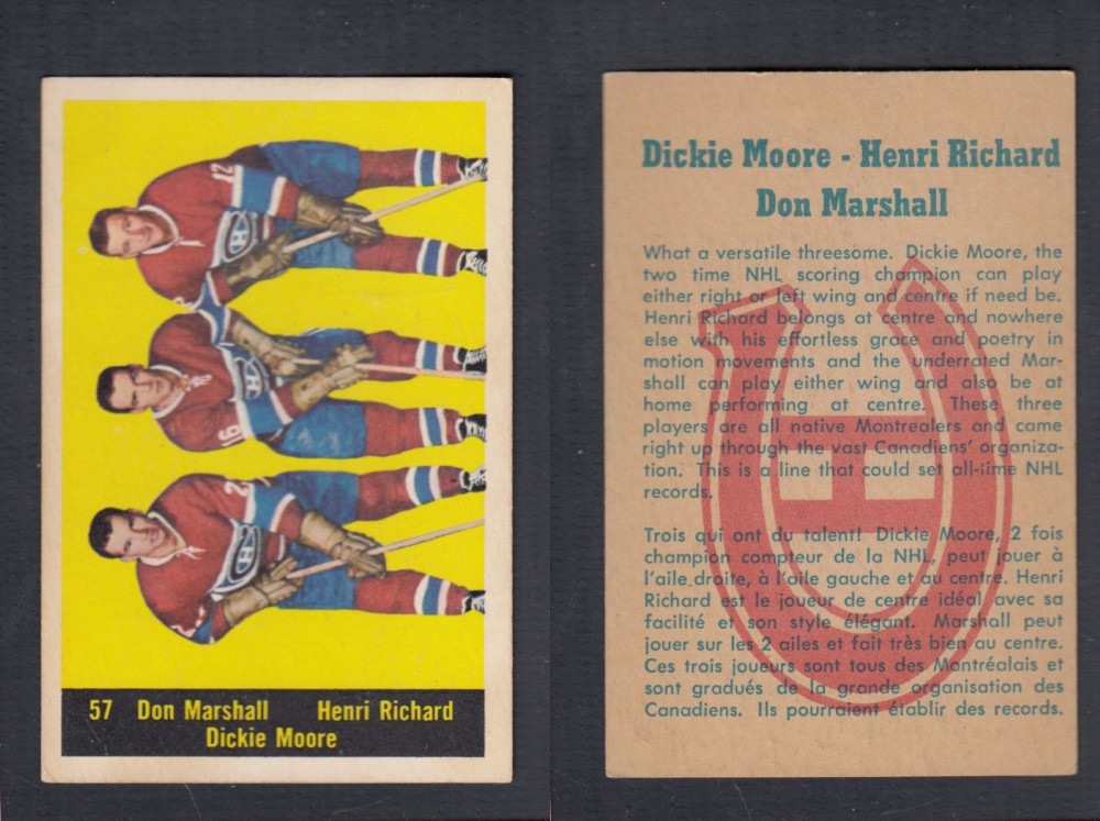 1960-61 PARKHURST HOCKEY CARD #57 D. MARSHALL, H. RICHARD, D. MOORE photo