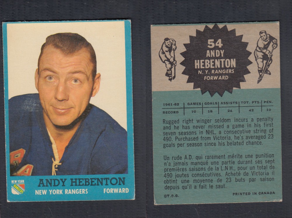 1962-63 TOPPS HOCKEY CARD #54 A. HEBENTON photo