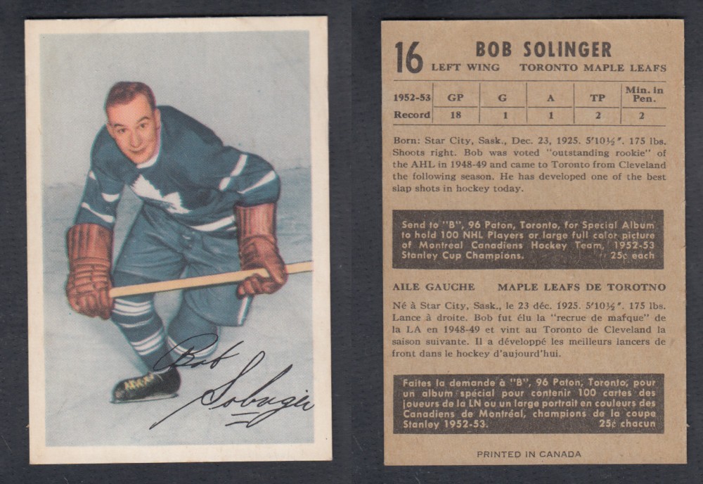 1953-54 PARKHURST HOCKEY CARD #16 B. SOLINGER photo