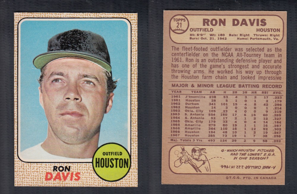 1968 O-PEE-CHEE BASEBALL CARD #21 R. DAVIS photo