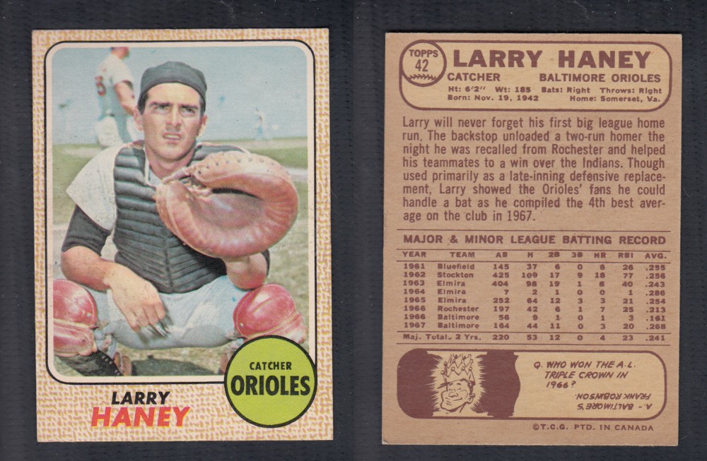 1968 O-PEE-CHEE BASEBALL CARD #42 L. HANEY photo