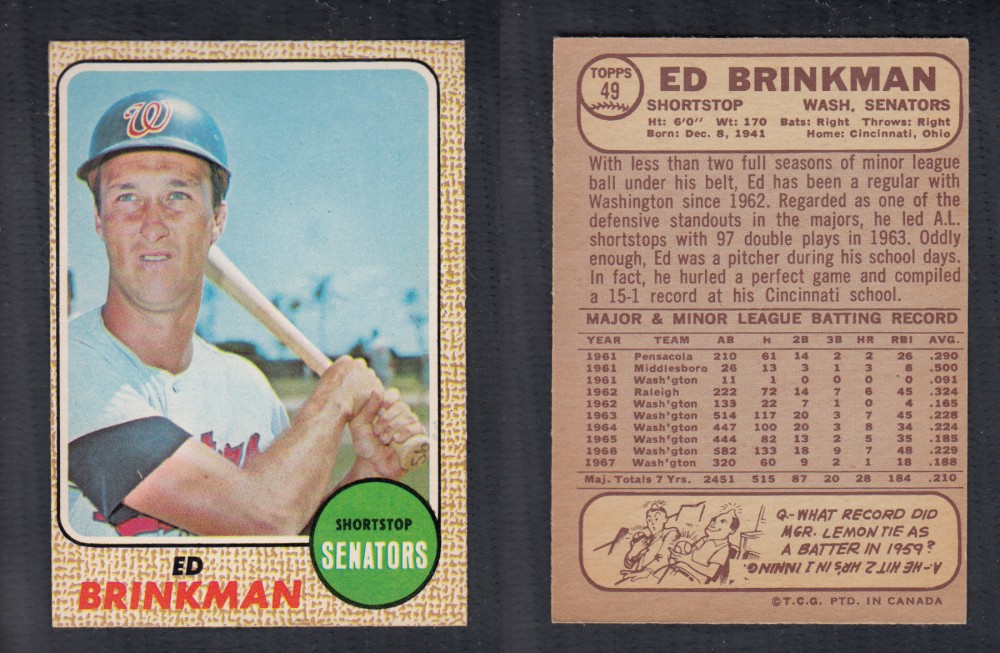 1968 O-PEE-CHEE BASEBALL CARD #49 E. BRINKMAN photo