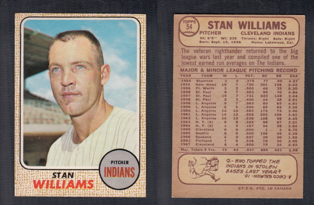 1968 O-PEE-CHEE BASEBALL CARD #54 S. WILLIAMS photo