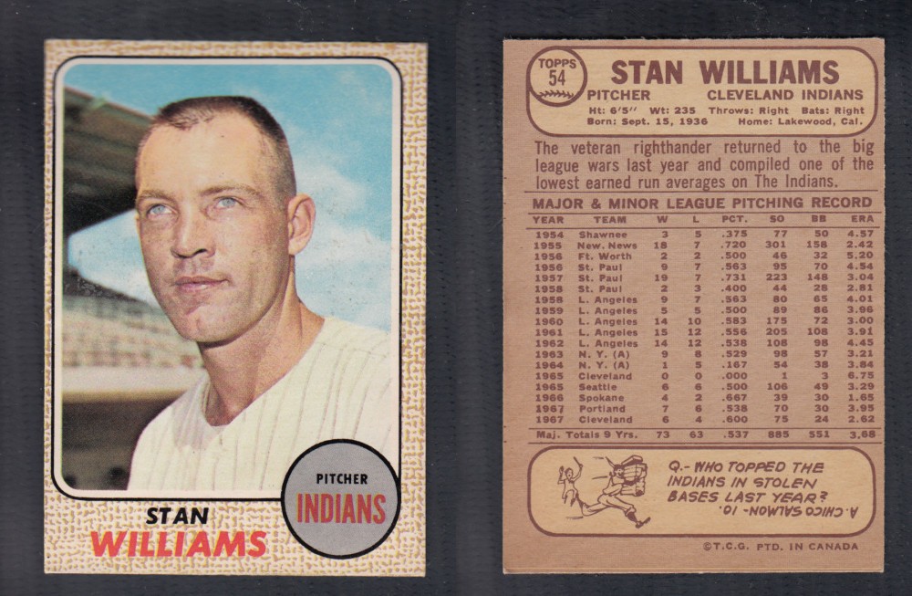 1968 O-PEE-CHEE BASEBALL CARD #54 S. WILLIAMS photo