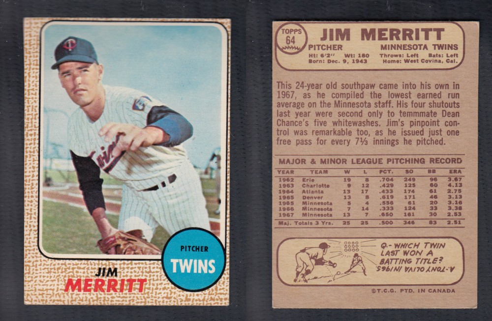 1968 O-PEE-CHEE BASEBALL CARD #64 J. MERRITT photo