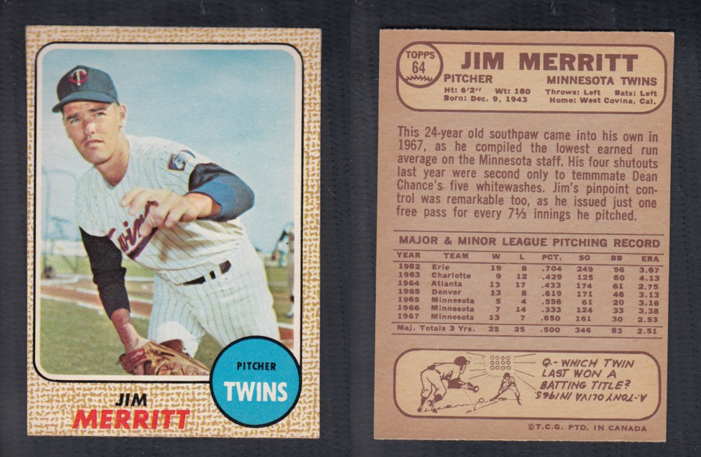 1968 O-PEE-CHEE BASEBALL CARD #64 J. MERRITT photo