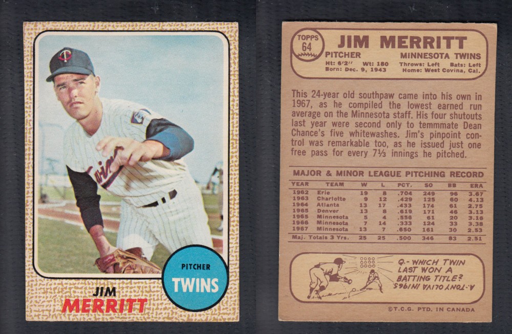 1968 O-PEE-CHEE BASEBALL CARD #64 J. MERRITT photo