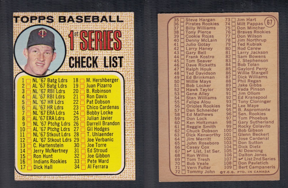 1968 O-PEE-CHEE BASEBALL CARD #67 1ST SERIES CHECK LIST photo