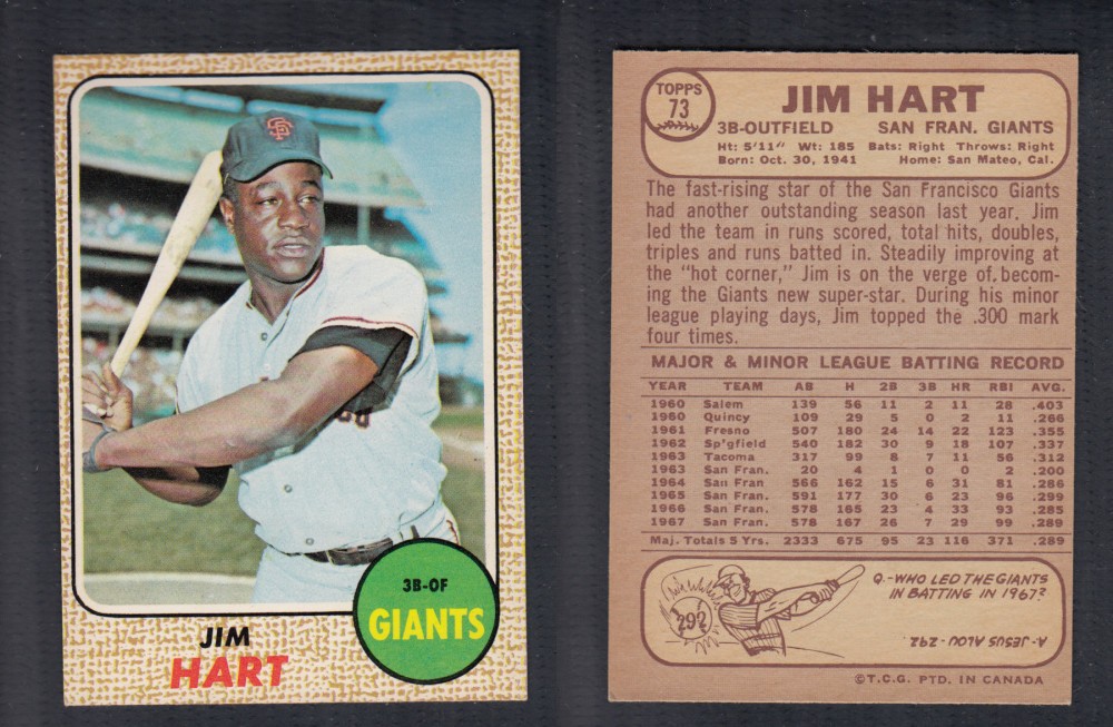 1968 O-PEE-CHEE BASEBALL CARD #73 J. HART photo