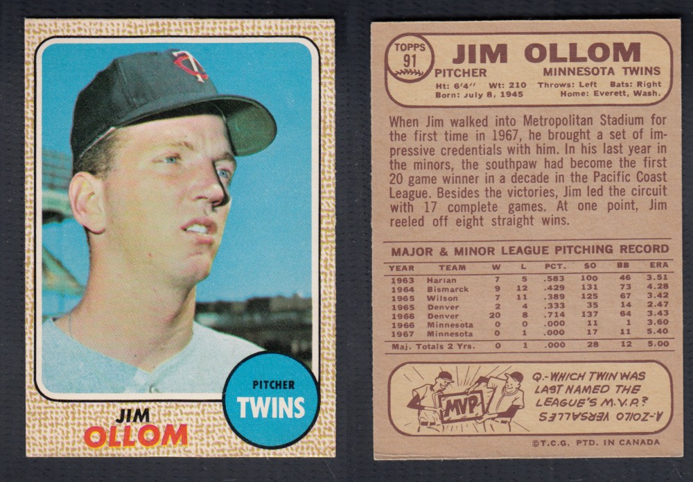 1968 O-PEE-CHEE BASEBALL CARD #91 J. OLLOM photo