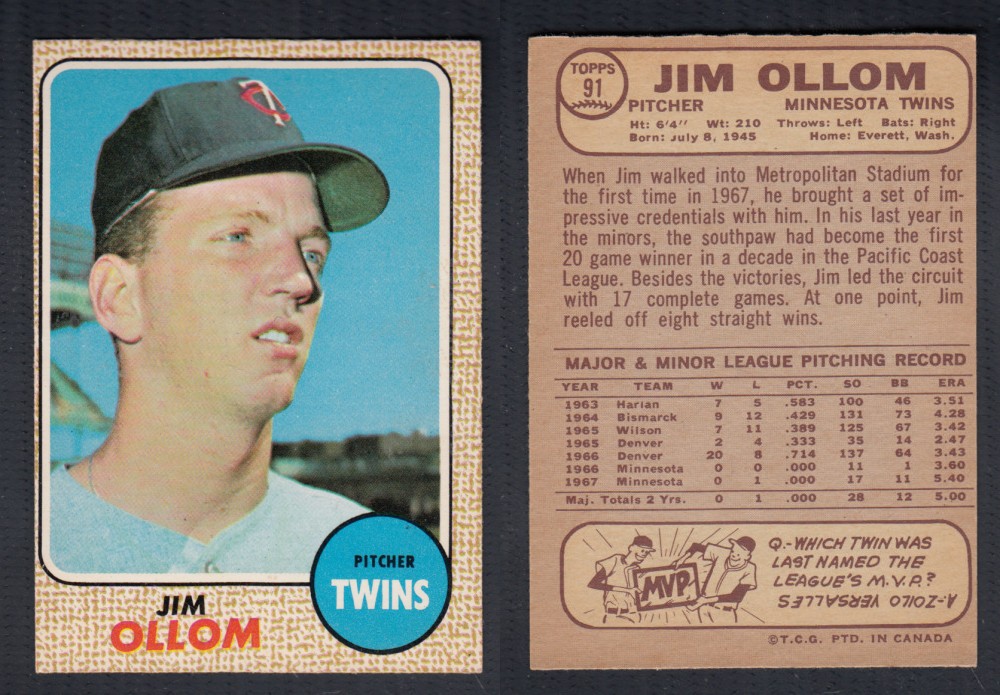 1968 O-PEE-CHEE BASEBALL CARD #91 J. OLLOM photo