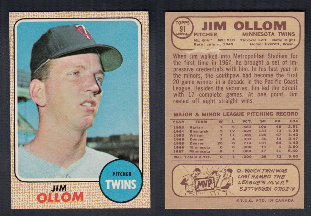 1968 O-PEE-CHEE BASEBALL CARD #91 J. OLLOM photo