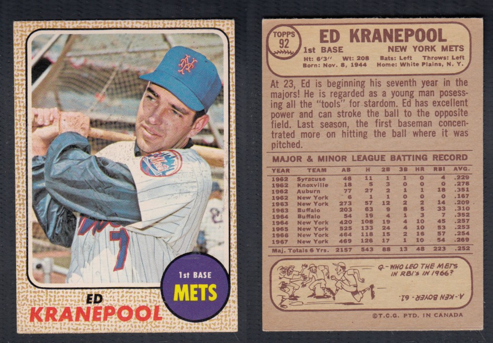 1968 O-PEE-CHEE BASEBALL CARD #92 E. KRANEPOOL photo