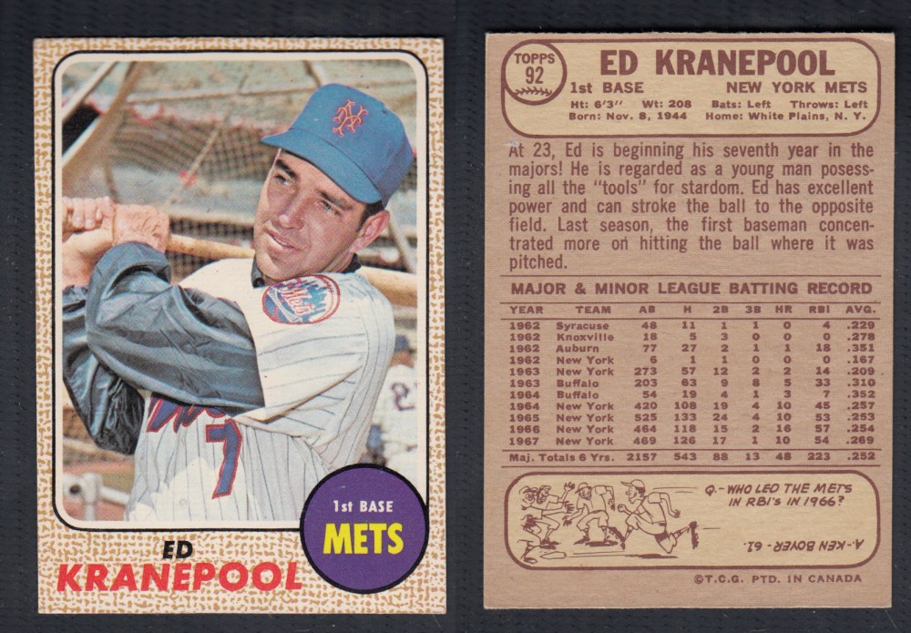 1968 O-PEE-CHEE BASEBALL CARD #92 E. KRANEPOOL photo