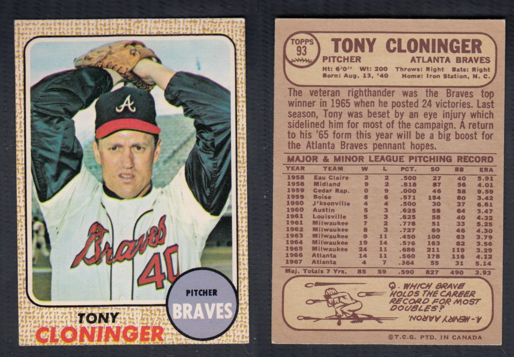 1968 O-PEE-CHEE BASEBALL CARD #93 T. CLONINGER photo