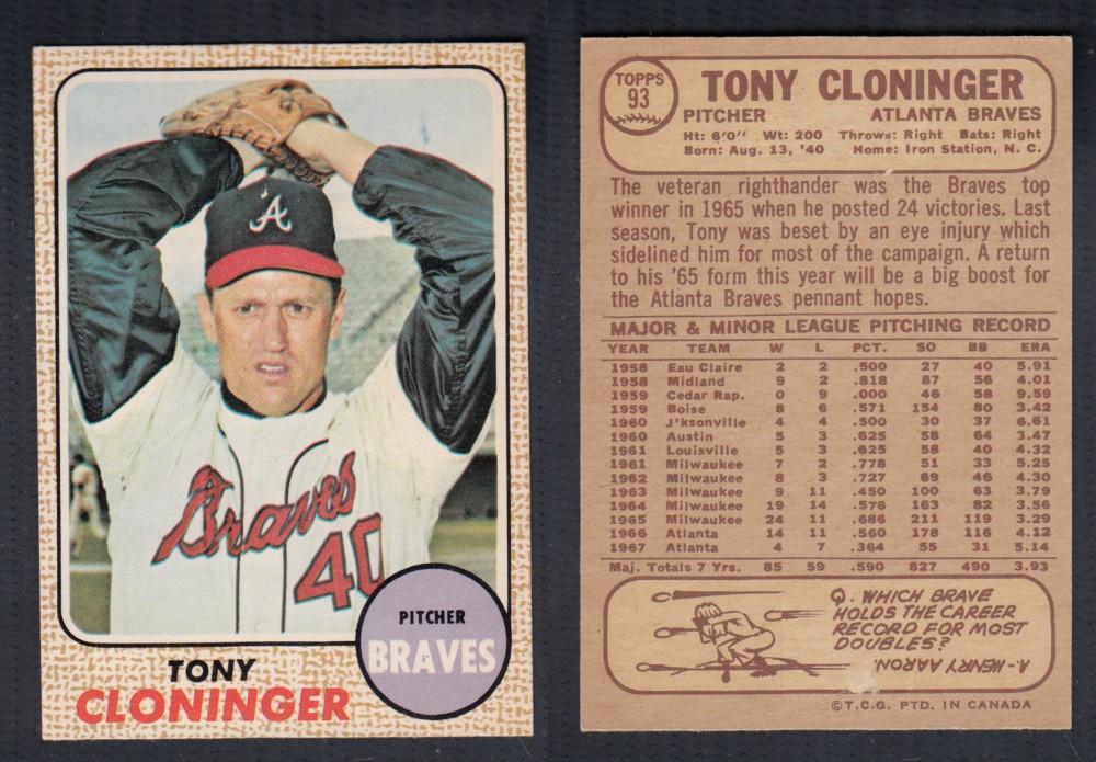 1968 O-PEE-CHEE BASEBALL CARD #93 T. CLONINGER photo