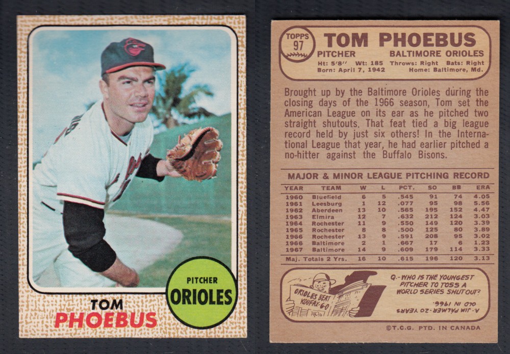 1968 O-PEE-CHEE BASEBALL CARD #97 T. PHOEBUS photo