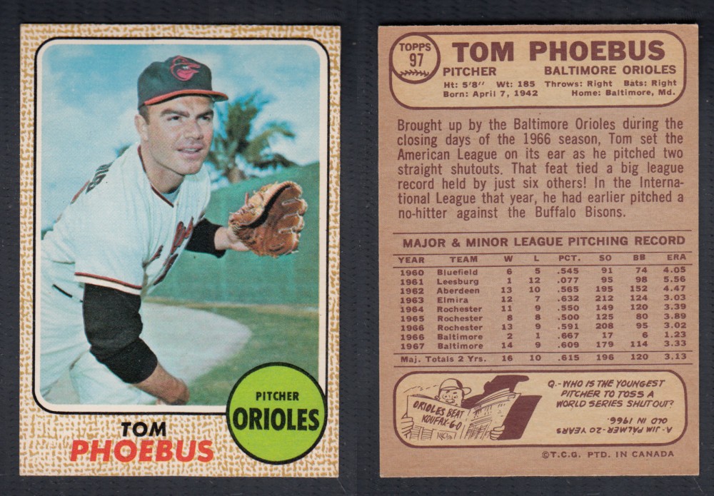 1968 O-PEE-CHEE BASEBALL CARD #97 T. PHOEBUS photo