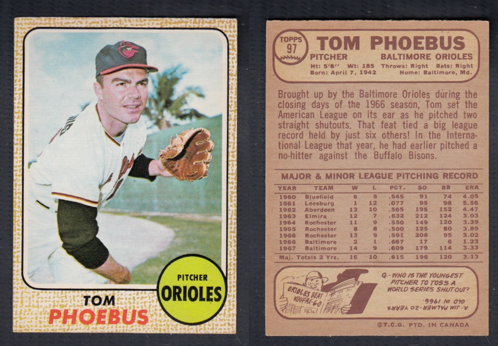 1968 O-PEE-CHEE BASEBALL CARD #97 T. PHOEBUS photo