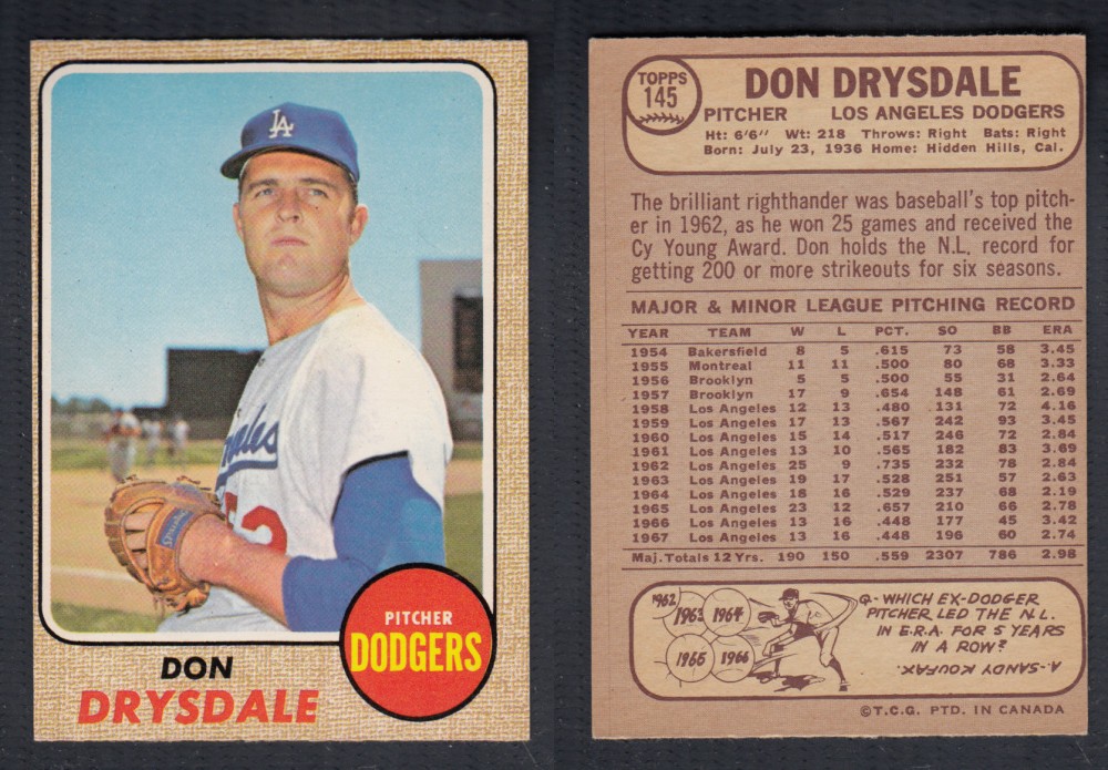 1968 O-PEE-CHEE BASEBALL CARD #145 D. DRYSDALE photo