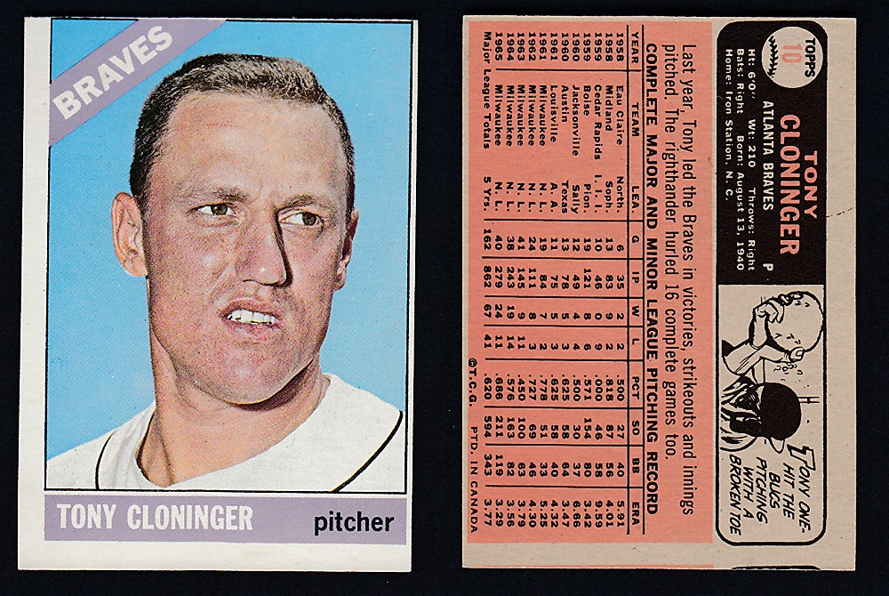 1966 O-PEE-CHEE BASEBALL CARD #10 T. CLONINGER photo