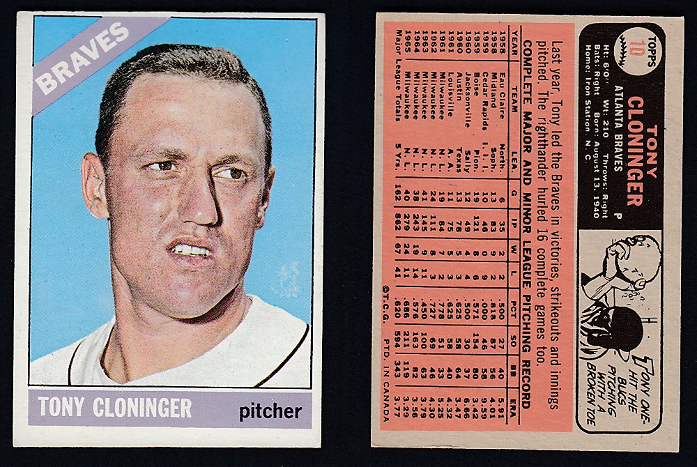 1966 O-PEE-CHEE BASEBALL CARD #10 T. CLONINGER photo