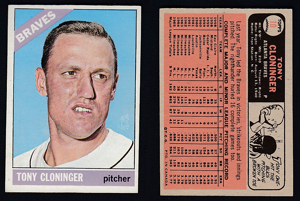 1966 O-PEE-CHEE BASEBALL CARD #10 T. CLONINGER photo