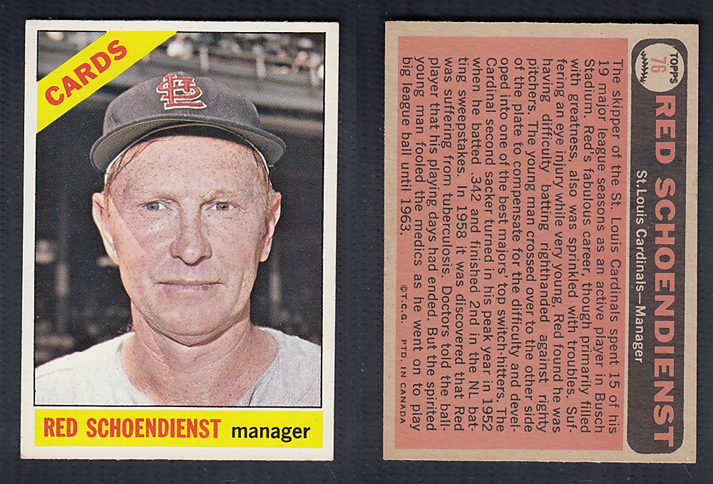 1966 O-PEE-CHEE BASEBALL CARD #76 R. SCHOENDIENST photo