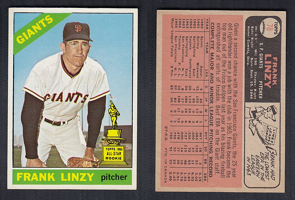 1966 O-PEE-CHEE BASEBALL CARD #78 F. LINZY photo