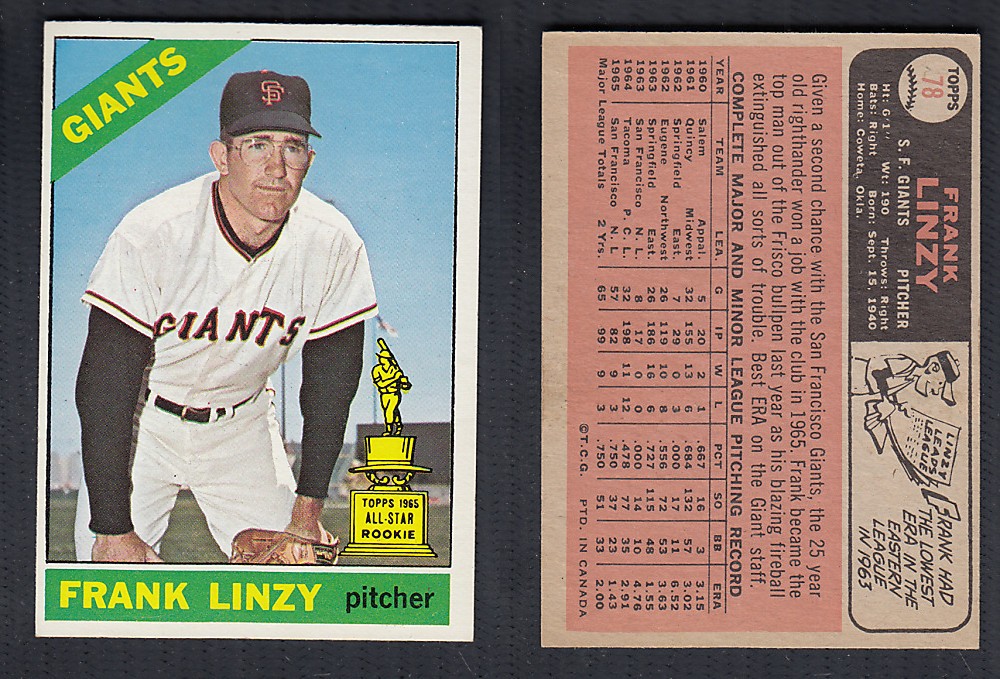 1966 O-PEE-CHEE BASEBALL CARD #78 F. LINZY photo