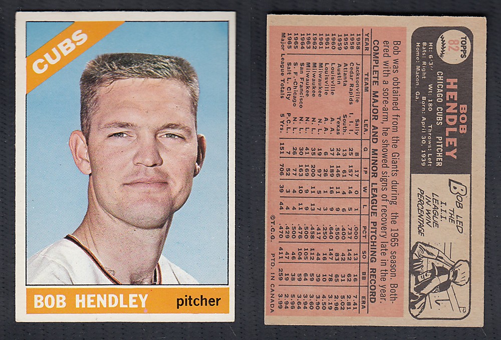 1966 O-PEE-CHEE BASEBALL CARD #82 B. HENDLEY photo