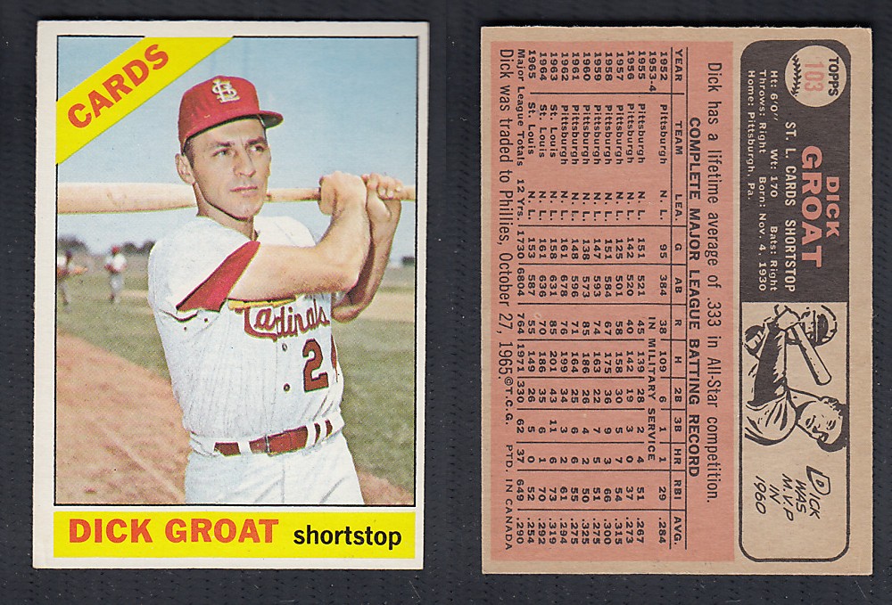 1966 O-PEE-CHEE BASEBALL CARD #103 D. GROAT photo